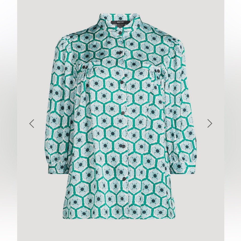 Smythe Teal and White Geometric Button Down Shirt, XS - Picture 4 of 10